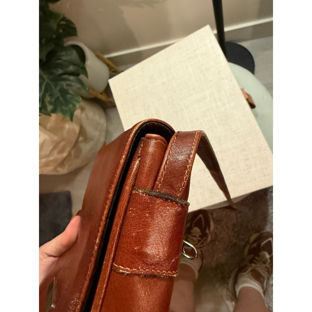 Vintage Cognac Brown Leather Crossbody Bag Striped Lining Minimalist Flap Purse - Picture 7 of 11